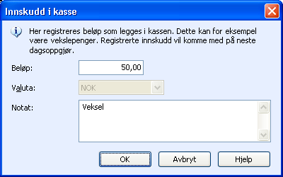 SALG, BETALING, RETUR OG FAKTURA Kasseinnskudd og -uttak Kasseinnskudd.Dette er en funksjon for å registrere innskudd av kontanter i kasseskuffen. Den benyttes blant annet når veksel legges i kassa.