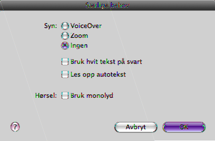 4 Marker tilgjengelighetsfunksjonene du vil bruke, og klikk på OK. VoiceOver VoiceOver leser opp det som vises på skjermen, slik at du kan bruke ipod touch uten å se på den.