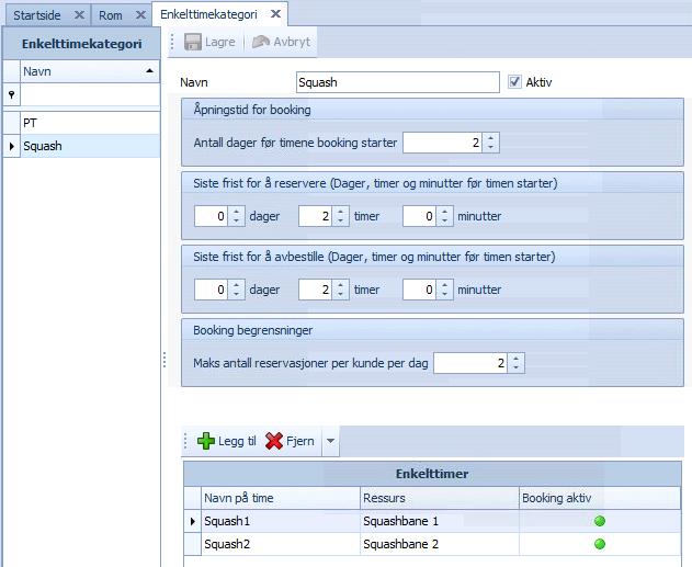 Enkelt-timer (squash, soling og lignende) Rom Vi må også for enkelttimer registrere de ulike rommene vi disponerer for ulike aktiviteter.