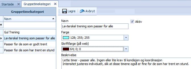 Aktiviteter (Gruppetimer) Registrere gruppetimer Dataregistre, Booking, Aktivitet For å registrere en ny aktivitet klikker du på NYknappen nede i venstre hjørne. Skriv inn navn på aktiviteten f.