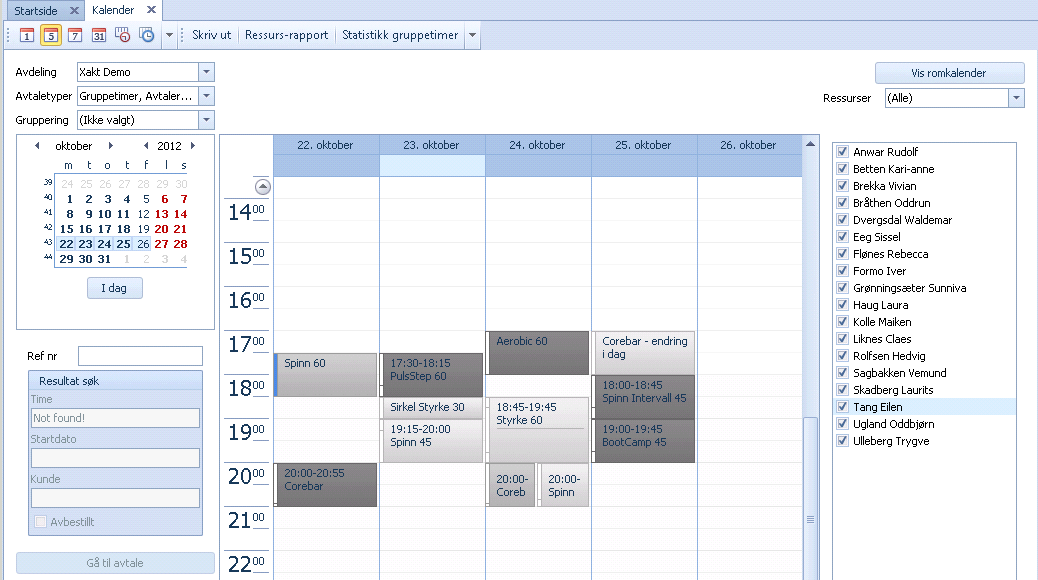 Kalenderen Kalenderen i Xakt er det viktigste verktøyet vårt for å se og håndtere ressurser og booking. Her er det mange valg, så her må det brukes litt tid på å orientere seg i mulighetene.