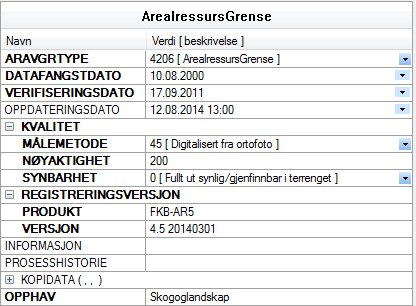 Pek på aktuell AR5grense og rediger etter behov alle påkrevde egenskaper. For egenskaper du skal endre: Klikk på aktuell pilknapp i egenskapsdialogen og velg verdi fra meny som kommer opp.