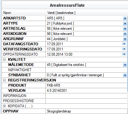 4.2.2. REDIGER EGENSKAPER FOR AR5FLATE Velg meny Kartredigering Gi/Endre Egenskaper. Pek på aktuell AR5flate og rediger etter behov alle påkrevde egenskaper.