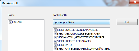 5.2. Sjekk og rett egenskaper Egenskapene må kontrolleres før konvertering til SOSI og overlevering til Kartverket. Kommando Datakontroll sjekker raskt egenskapene og evt. geometri i hele basen.