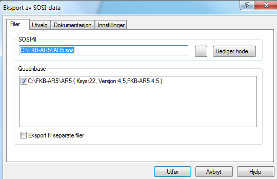 5.3. Eksporter til SOSI AR5-basen skal konverteres til SOSI før den sendes til Statens kartverk / Skog og landskap for innlegging i Kartverkets QMS. Bruk kommando Import/Eksport SOSI eksport SOSI 4.