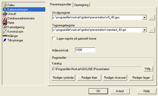 3.2. Klargjør innstillinger 3.2.1. INNSTILLINGER KARTPRESENTASJON Start den nye AR5 GIS/LINE applikasjonen. Velg Fil Innstillinger Kartpresentasjon, fane Presentasjonsfiler.