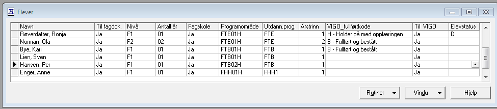 På egen skole: Oversikten Elev Oversikten ->Skole - Elev Programområde