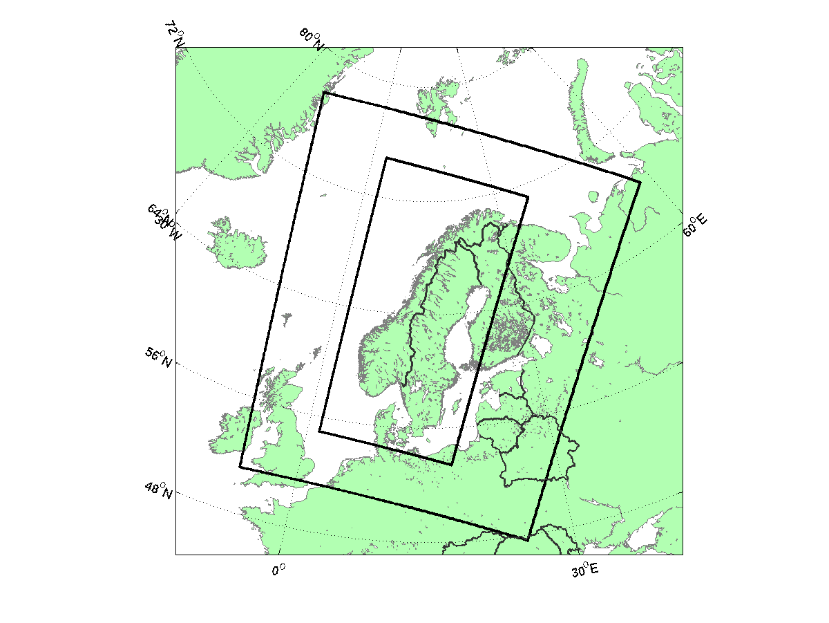 Figur 11: Modelloppsett for WRF-modellen i Skandinavia. NCAR Technical Note NCAR/TN-475+STR, Boulder, June 2008 2 Klemp JB., Skamarock WC. and Dudhia J.