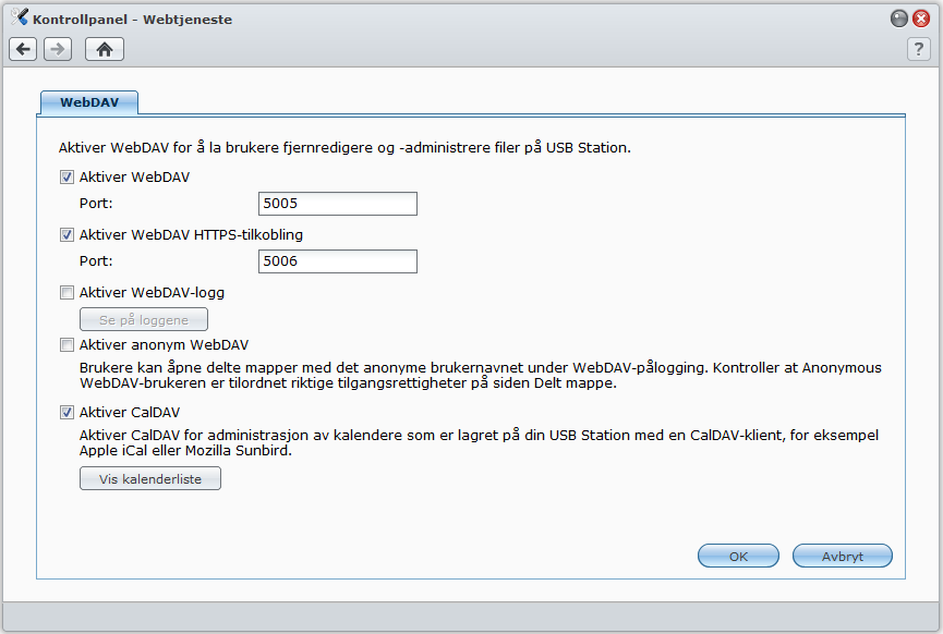 Tilgang til filer via WebDAV Ved å aktivere WebDAV eller CalDAV kan du administrere og redigere filer eller kalendere som er lagret eksternt på USB Station 2.