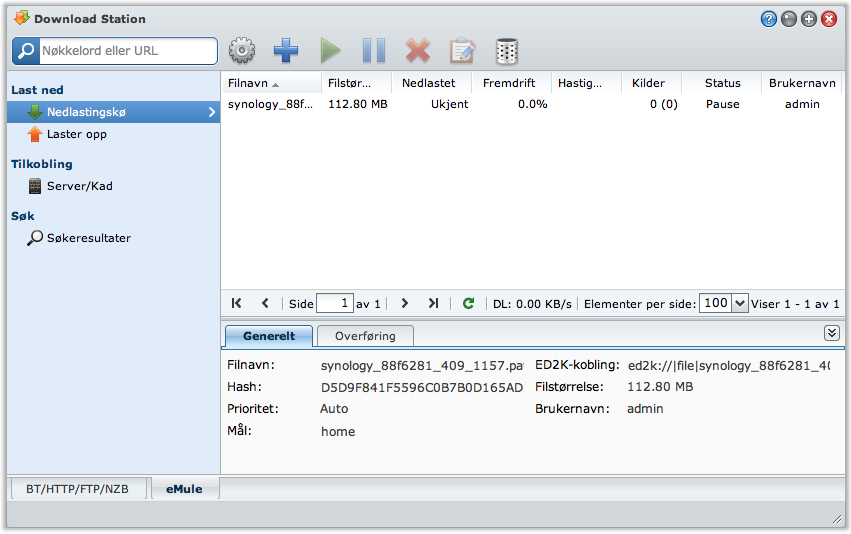 Administrere emule-nedlastingsoppgaver Du kan sjekke nedlastingsoppgavene som du nettopp har opprettet, og administrere oppgavene med emule.