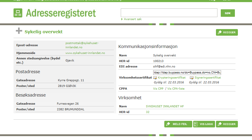 Eksempel på en registrert kommunikasjonspart: 3.6 Inaktivere kommunikasjonspart Kommunikasjonsparter som fra en gitt dato ikke lenger skal sende/motta meldinger, må inaktiveres fra samme dato.