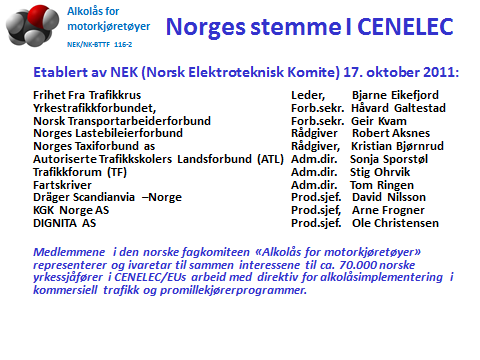 Bred norsk representasjon Plansjen nedenfor viser hvem som er representert i den norske fagkomiteen for alkolås, og derigjennom i CENELECs arbeid med standarder.