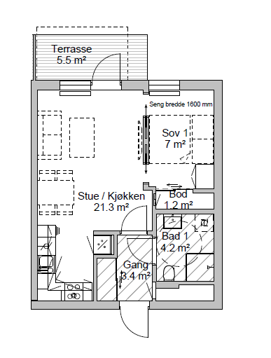 Tilleggseksempel: Når blir en 2-roms så trang at den bør være en 1-roms? Leilighet ihht TEK 97, 40 m2 BRA.
