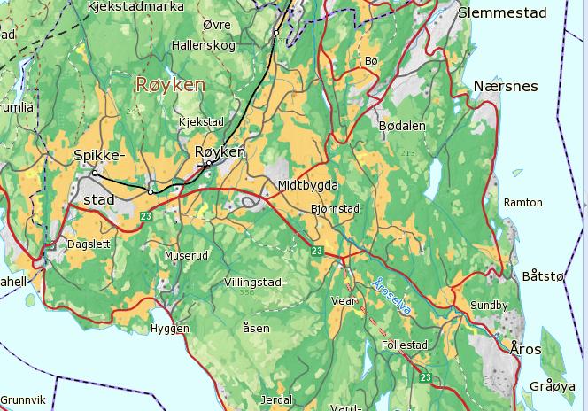 Under vises kartutsnitt sm viser jrdkvalitet på dyrket mark i Røyken. Det meste av den dyrkede marken har svart gd kvalitet.