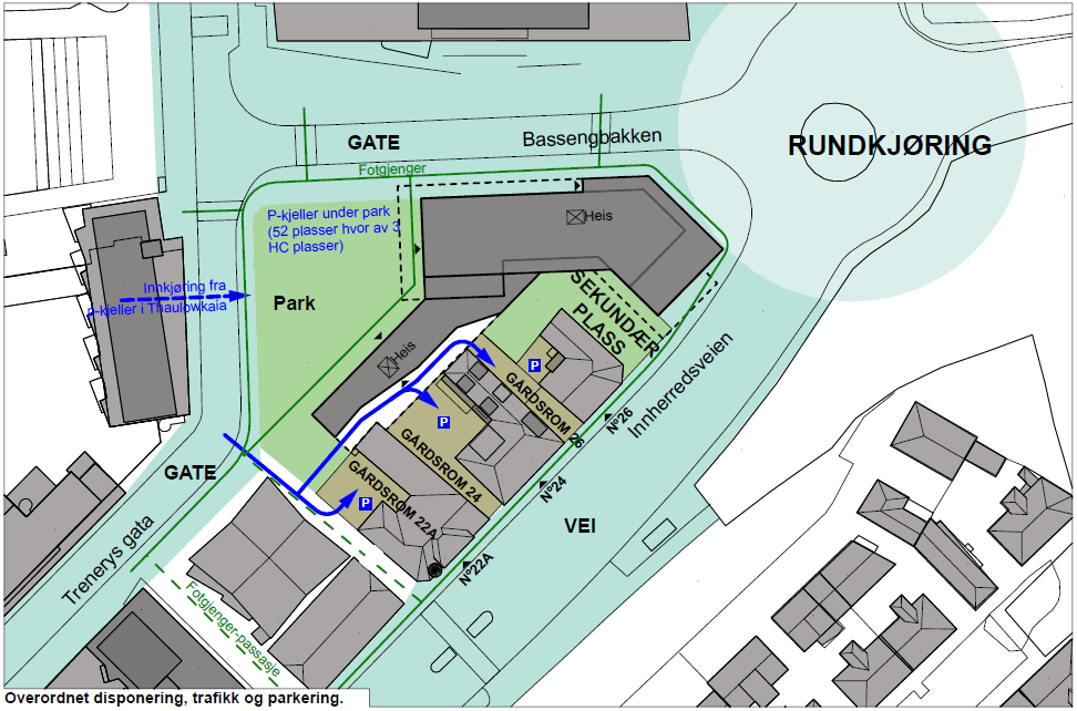 Side 9 Parkering for planlagt bebyggelse Det er planlagt 52 parkeringsplasser, hvorav 3 er HC-plasser, i parkeringskjeller under ny bebyggelse og park.
