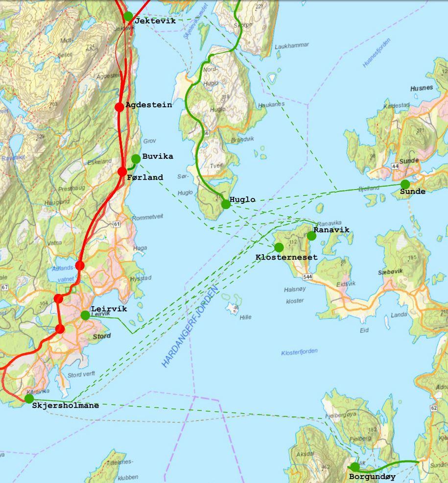 8.10.6 Ulike alternativ for ferjestøer Figur 8-11 Namnsett kart over alternative ferjestøer Kartet viser alternative ferjestø.