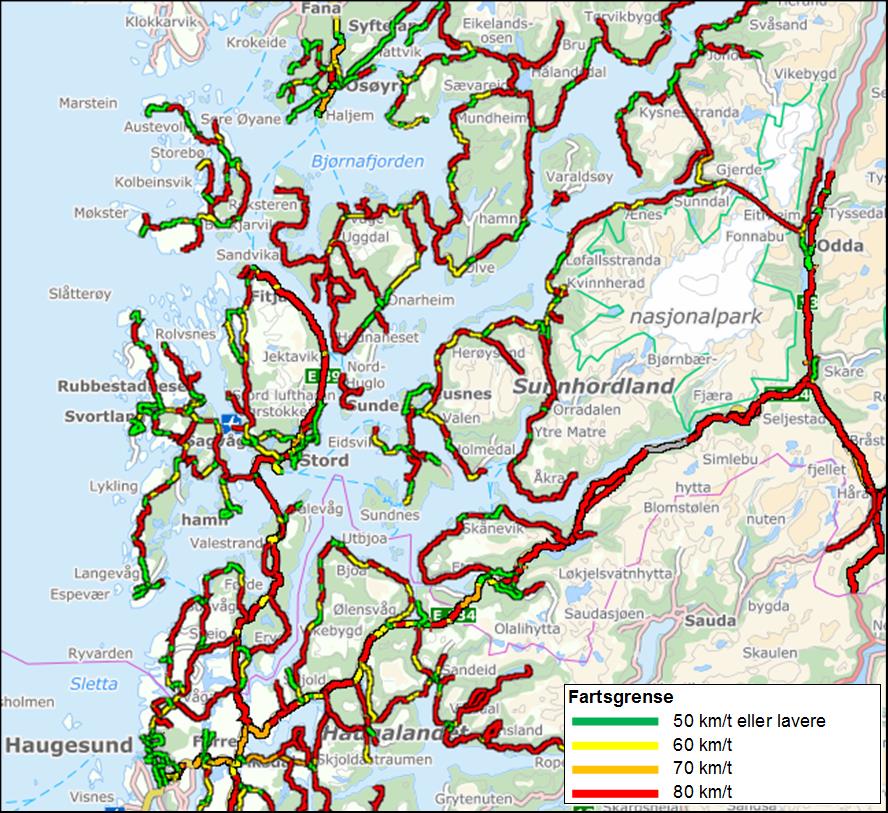 Figur 2-2 fartsgrensar i fylkesvegnettet Kjelde: Nasjonal vegdatabank Tabell 2-1 Dimensjoneringskrav for vegar etter vegnormalen Vegtype Sa1 Sa2 Sa3 H ø2 ÅDT < 1 500 > 1 500 < 1 500 1 500 4 000