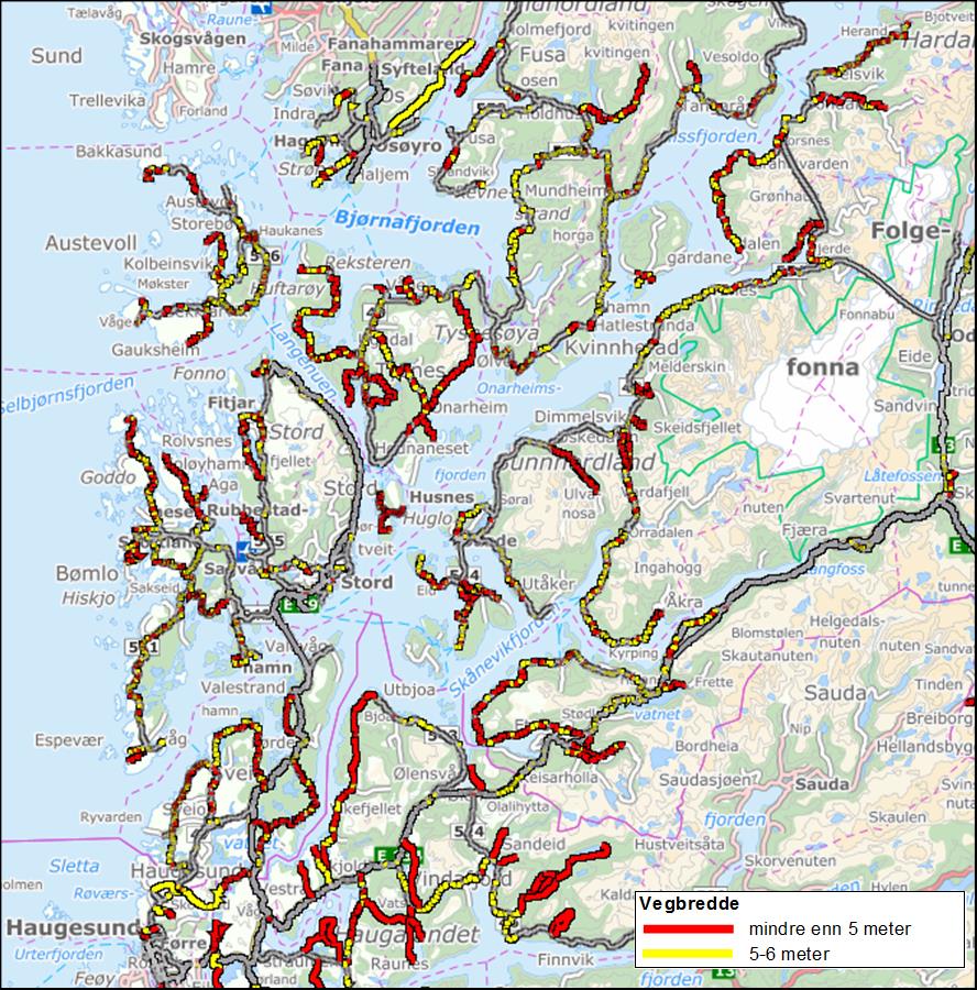 Figur 2-3 Vegbreidder i fylkesvegnettet Kjelde: Nasjonal vegdatabank Trafikkbelasting i vegnettet i dag (2013) Trafikkbelasting for dagens situasjon er basert på enkelte nivå-ein