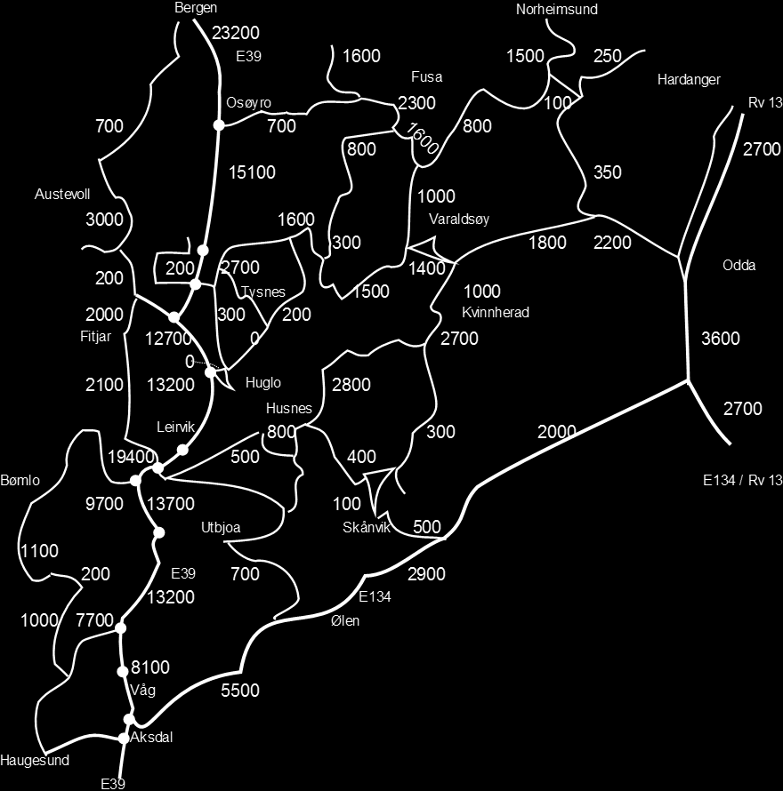 Figur 7-1 Berekna trafikkbelasting i vegnettet for år 2040 frå RTM Kjelde: RTM-kalkyle ferjefri E39, Statens vegvesen.