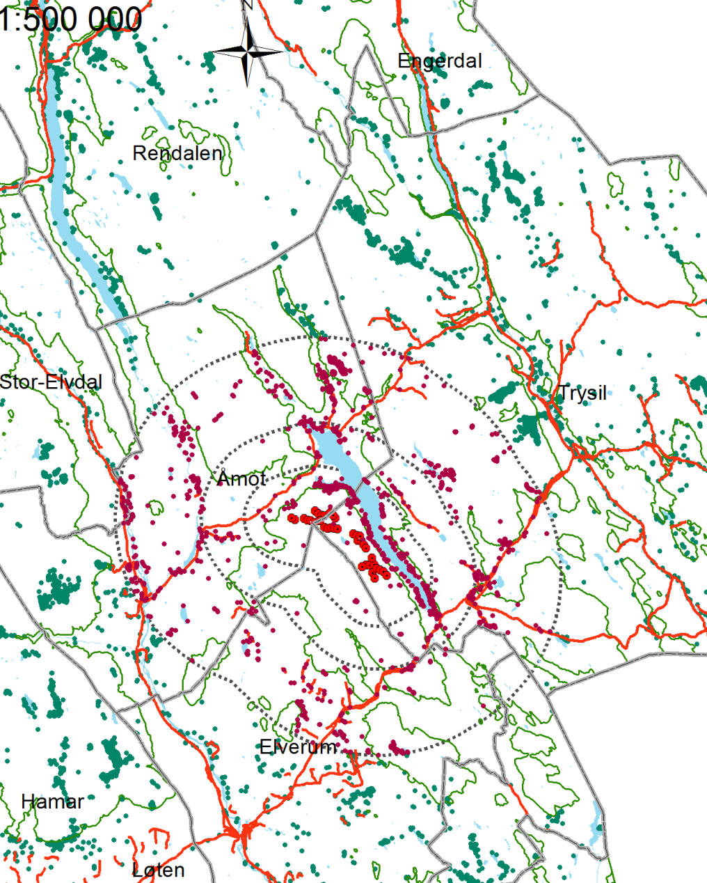 Figur 14-4. Fritidsboliger innenfor og utenfor undersøkelsesområdet i Åmot, Elverum og Trysil (markert med 5, 10 og 20 kilometers synlighetsgrense).