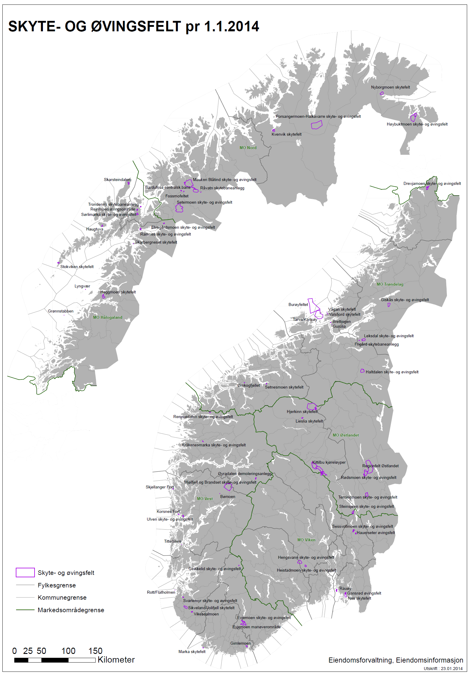 Kart over Forsvarets skyte- og øvingsfelt (SØF), samt