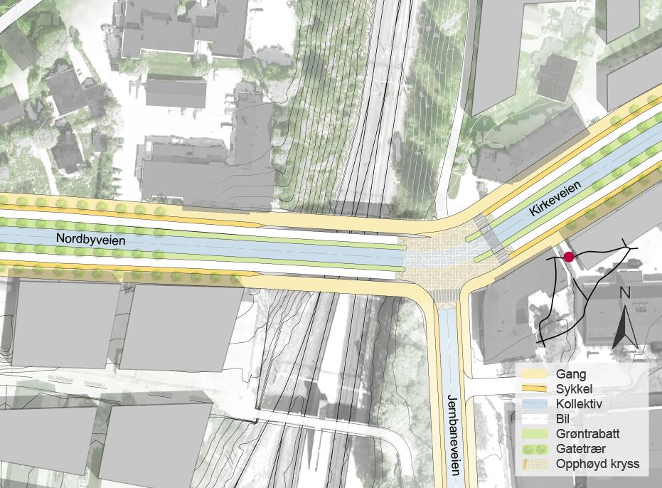 1.6.8 Nordbyveien Den viktigste krysningen mellom øst og vest er jernbanebroa som fører Kirkeveien over i Nordbyveien. Broa består i dag av ett kjørefelt i hver retning og smalt fortau på begge sider.