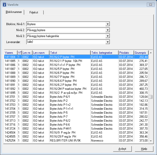 Vareliste Når du velger Vareliste blir vil skjermbildet for henting av materialkostnader fra leverandørs prisbok komme opp på skjermen.