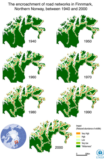 Veksten i veinettet i Finnmark Figur 30. Utbygging av veinettet i Finnmark fra 1940 til 2000.