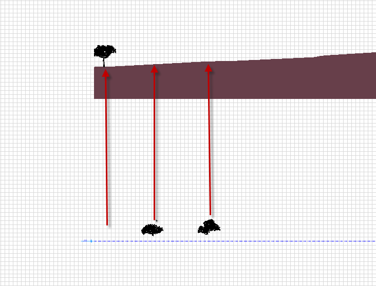 Problemet fortsetter. Her har jeg forsøkt å plassere trær med «Gravity on terrain» funksjonen i AT, men trærne havner på havnivå, uten stamme. Prøver å flytte trærne opp, mens jeg står i snitt.