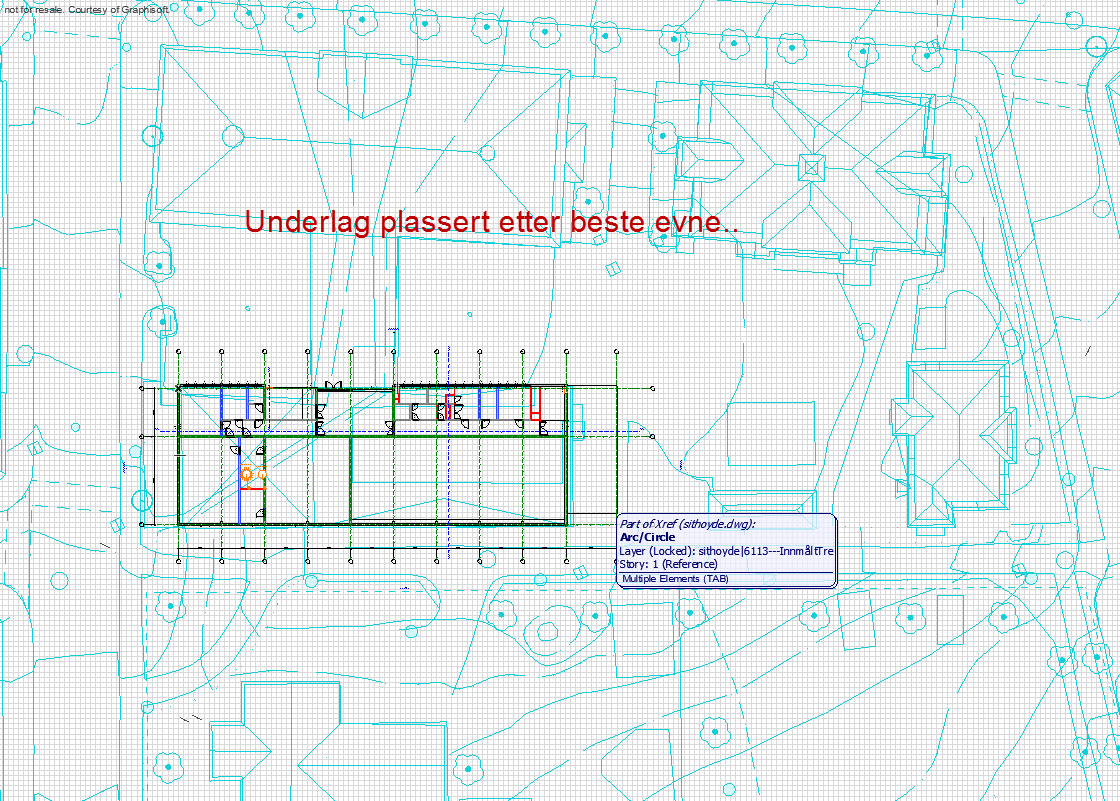 Her er underlaget flyttet, og liger med origo plassert i aksesystemet på hjørnet av bygg A, men er ikke rotert riktig Her ligger underlaget med origo