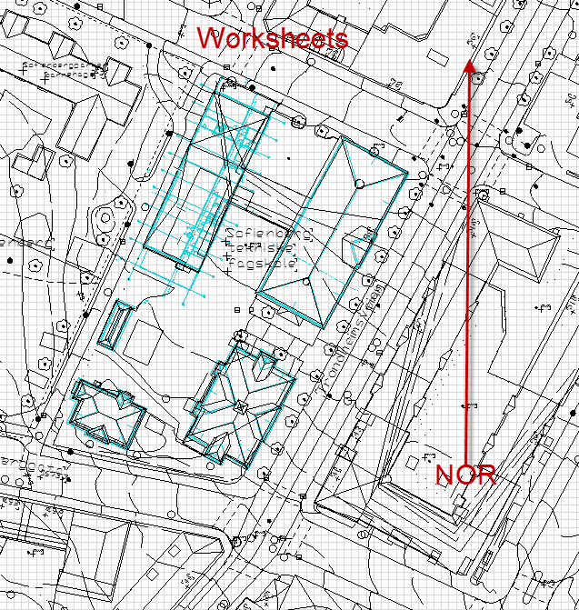 Her står jeg i Worksheets med Plan 1. etg. synlig som Trace & Reference. Her kan vi se hvordan byggene ligger ift nor retningen.