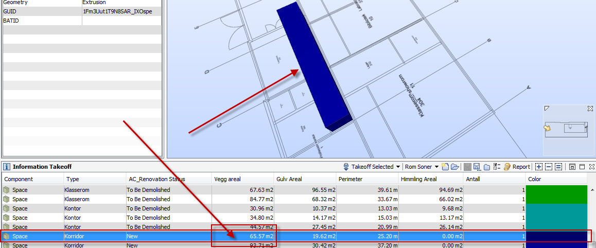 Da plukker jeg ut vegger som har relasjon til sonen, men arealet stemmer ikke her heller. Går da ut i fra at det finnes en annen måte å få omliggende vegg areal i sonen på i Solibri.