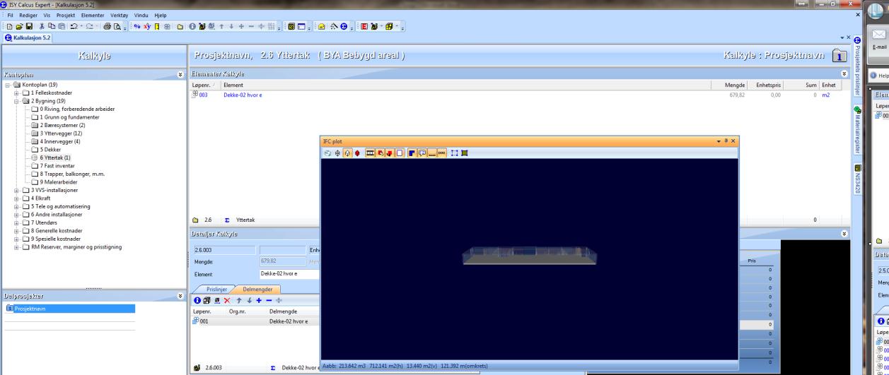 Da er vi i gang! Her er IFC-modellen importert i Calcus. Elementene legger seg litt feil etter import, f.eks.