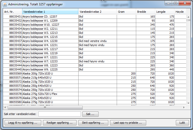 Administrer produkt Produktadministreringsvinduet inneholder en tabell med alle registrerte arktyper. Arktypene er hentet fra en excel-fil som blir gitt ut av arkleverandøren.