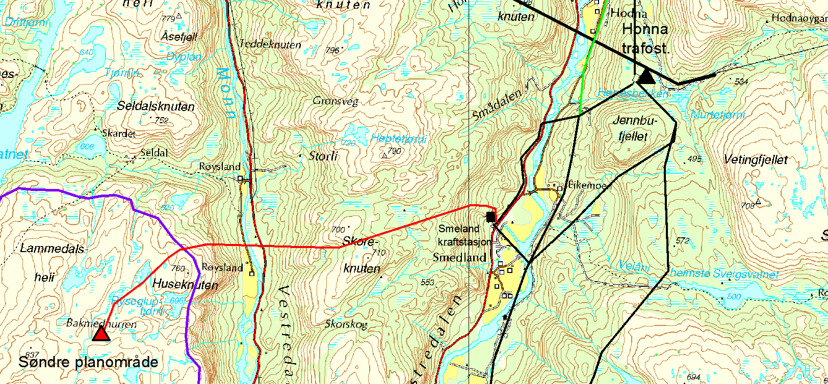 Løsning 2 Søndre område til Smeland: Forutsetning for løsning: AEN må ta høyde for Skveneheii vindkraftverk ved oppgradering av regionalnettslinje Skjerka Honna Logna.