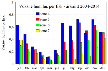 årstidsvariasjon. Dette framgår også av figur 24 nedenfor, som viser gjennomsnittet for voksne hunnlus pr måned for perioden 2004-2014, med fordeling på soner (4 ytterst, 7 innerst). Figur 24.