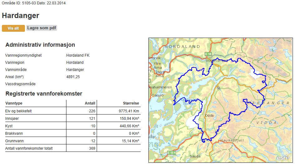 er vist i figuren under. Figur 4. Nøkkeldata for Hardanger vannområde hentet fra vann-nett.no. Det er registrert 369 vannforekomster i vannområdet.