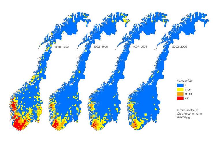 Trenden har de de siste tiår vært mindre sur nedbør grunnet sterk reduksjon av sure utslipp til luft, se figuren under. Figur 13.