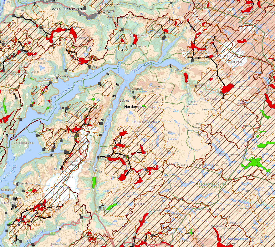 4.1.7 for elver og innsjøer uten langtransportert forurensning (sur nedbør): Figur 35. for elver (markert med rødt) dersom en ser bort fra sur nedbør.