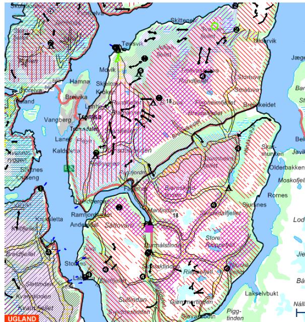 Arealbrukskart for reinbeitedistrikt 17/18/27 Mauken/Tromsdalen som illustrerer sesongbruken av distriktets beitearealer på storskala (a) og sommerbeiteland (b) (Stuorranjárga halvøy og