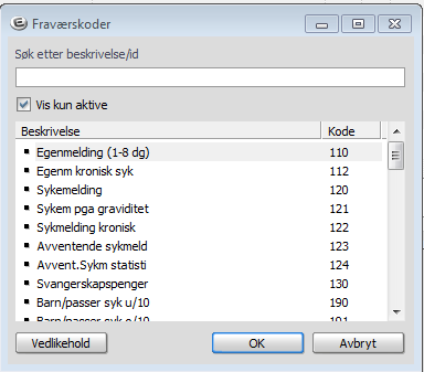 Ved å trykke på nedtrekkspilen kommer du inn i alle valgene av fraværskoder: Husk å endre fraværsprosent ved behov. Systemet legger inn 100% som standard. Merk feltet Forts.