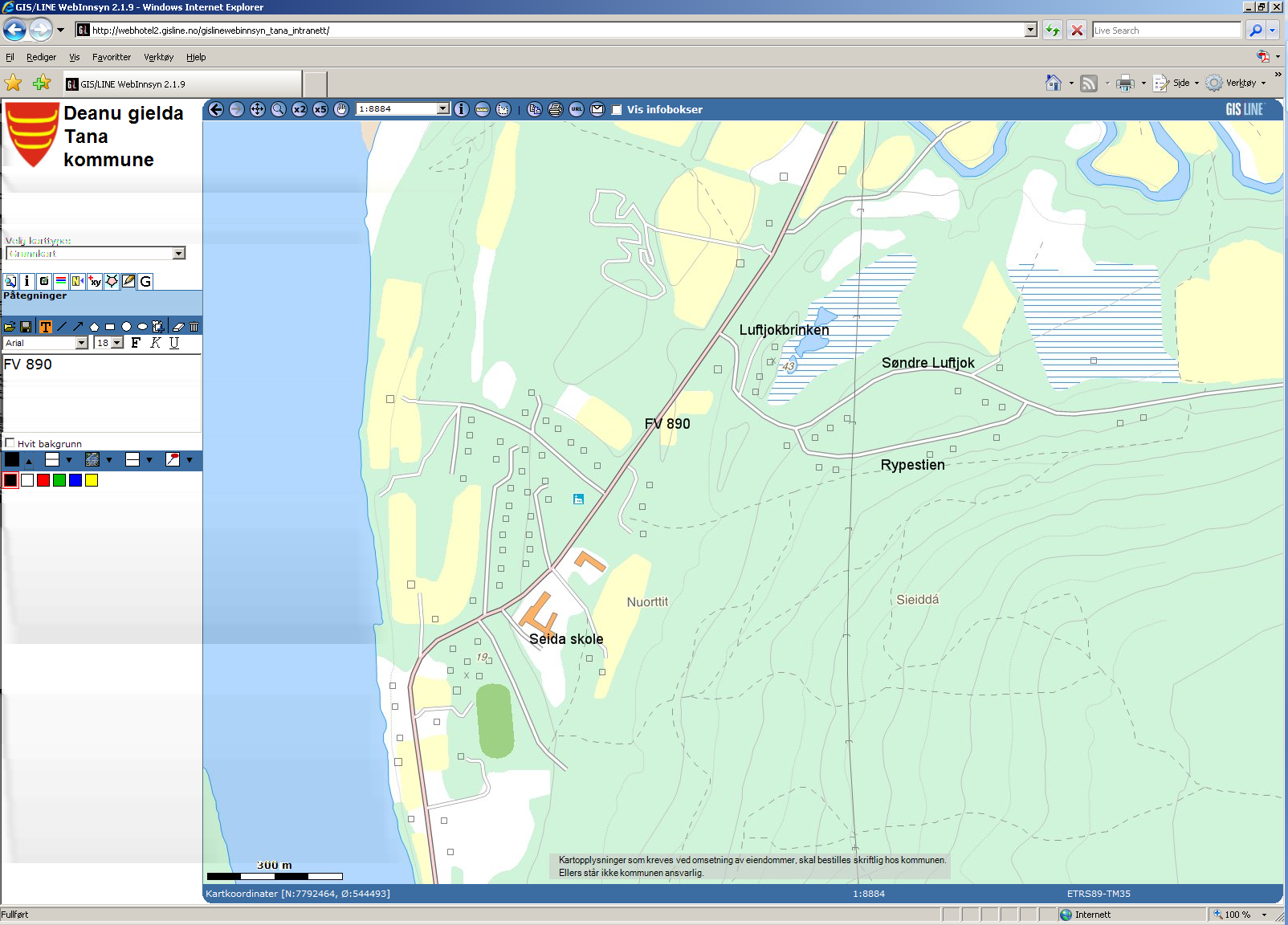 Kartutsnitt 1: Område i Seida/ Luftjok som viser veinavn vedtatt 07.02.2012.