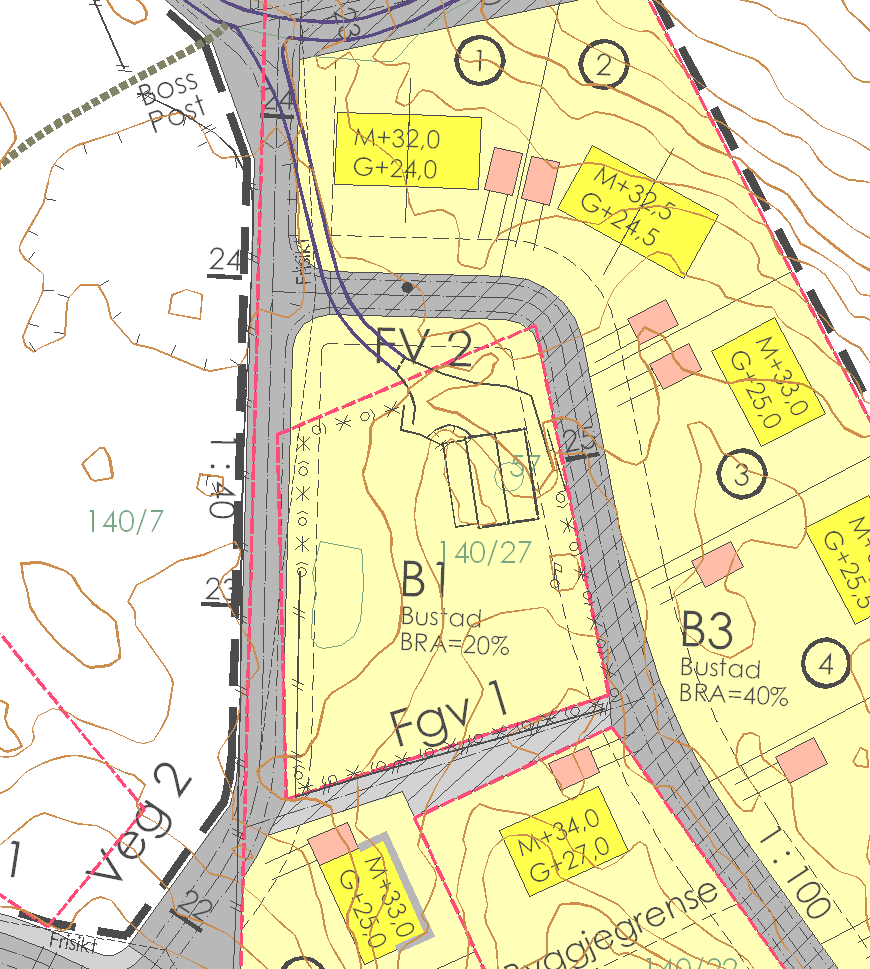 side 2 Bnr. 27 Eigedomskorridoren mellom bnr. 7 og 27 varierer i det kommunale kartverket frå ca. 5,5 m i sør til ca. 3,25 m i nord.