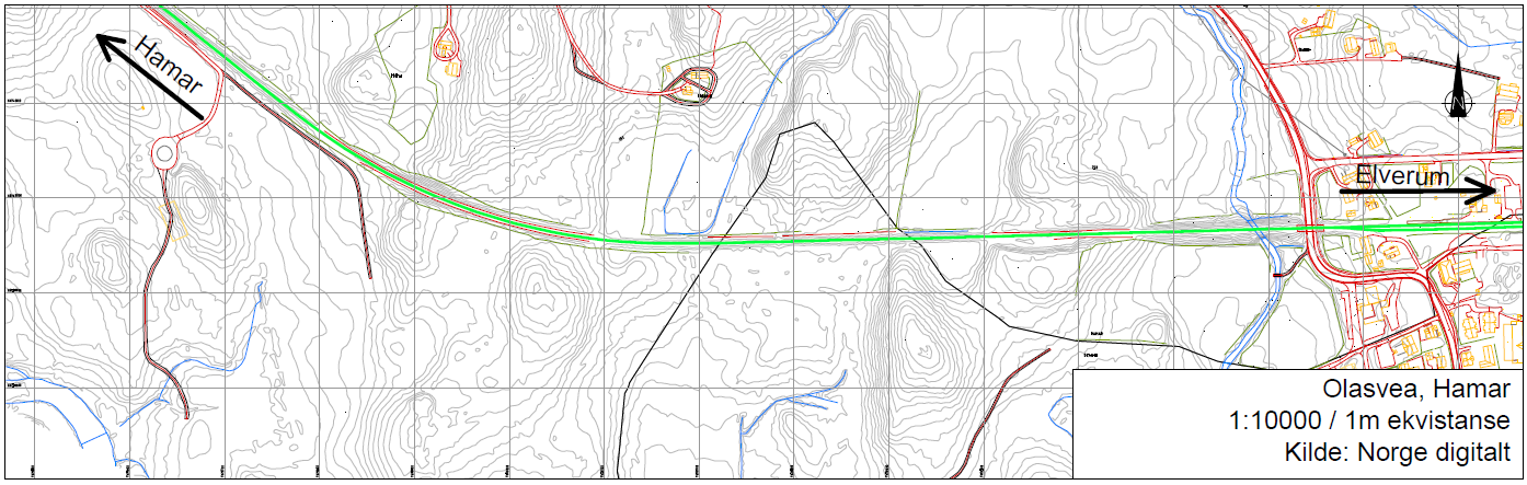 3.6 Alternativ 6 Olasvea Olasvea ligger ca 7,7 km øst for Hamar langs Rørosbanen i et skogholt syd for sporet rett før tettstedet Ilseng.