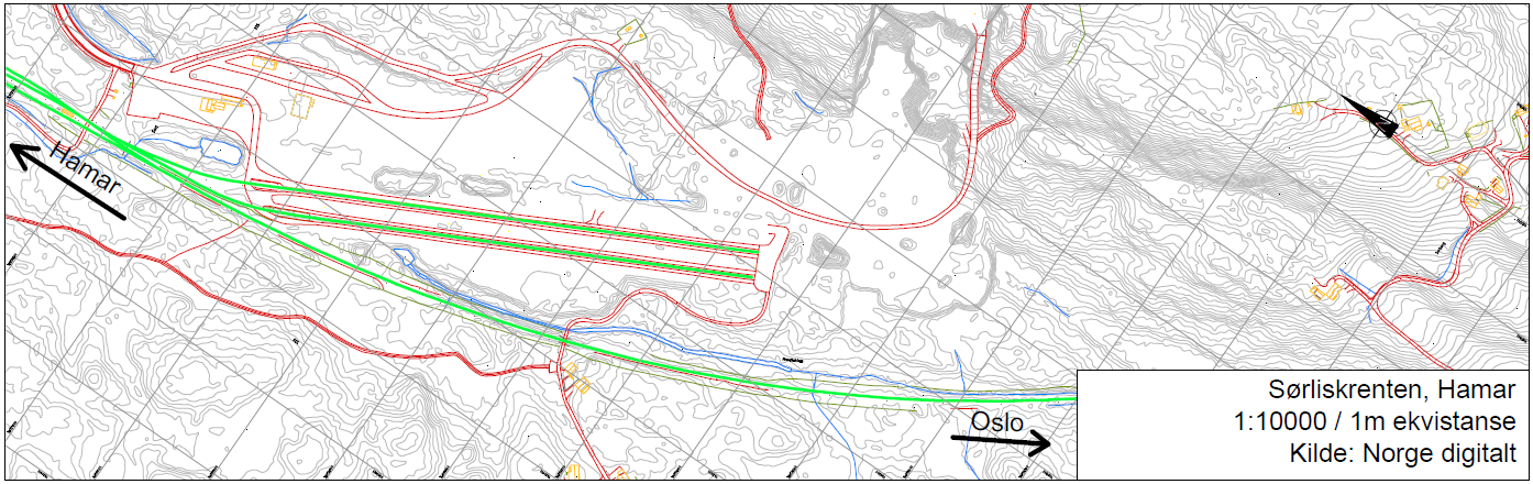 3.7 Alternativ 7 Sørliskrenten Området ligger ca 16 km sør for Hamar. I dag er området benyttet til tømmerterminal, for reguleringsplanen «Sørli masseuttak» er området regulert til industri.