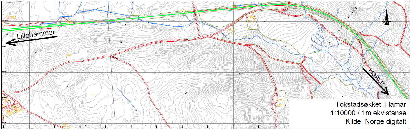 3.3 Alternativ 3 Tokstadsøkket Området ligger ca 20,0 km nord for Hamar. Sør for sporet er det et bekkedrag.