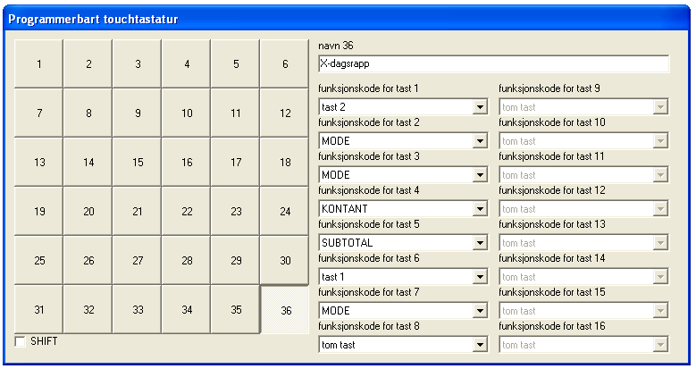 Eksempel 3. Hurtigtast 36 programmert for utskrift av X-dagsrapport. (X-dagsrapporten viser omsetningen fra siste Z-dagsrapport og nullstiller ikke salgstallene.