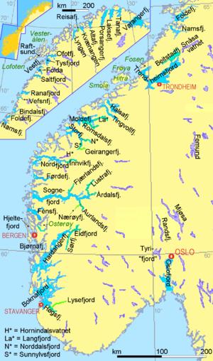 lakes in Norway. Note: The part of the map showing the northern fjords has a considerably smaller scale.