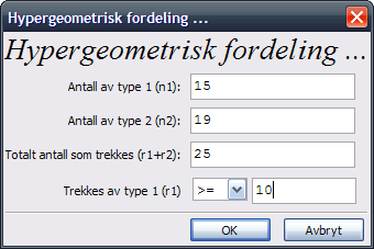 a) Velg Binomialkoeffisient fra menyen Sannsynlighet og fyll ut skjemaet slik: wxmaxima svarer: 74604711829408425056 b) Velg Binomisk fordeling fra menyen Sannsynlighet og fyll ut