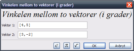 h) Velg Skalarprodukt fra menyen Algebra og fyll ut skjemaet slik: wxmaxima svarer:. Men skalarproduktet skulle være null, så vi skriver inn 7*a+55=0 og trykker Regn ut. wxmaxima svarer. Alternativt kan vi skrive inn skalarproduktet direkte.